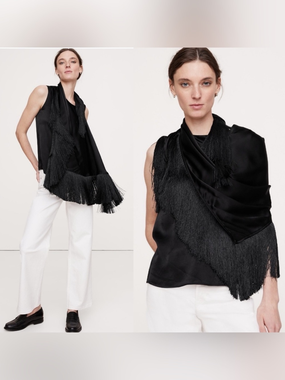 Banana Republic SILKY-CREPE FRINGE TOP IN BLACK NWT